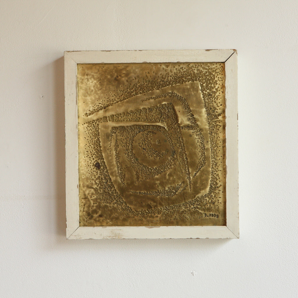 Framed Brutalist Brass Relief, S. Kiss