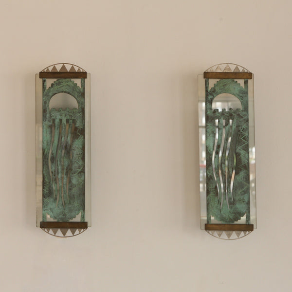 Pair of Verdigris and Glass Sconces