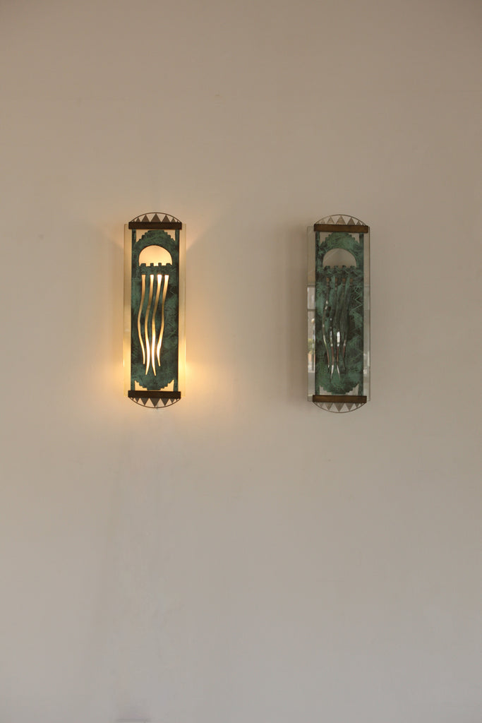 Pair of Verdigris and Glass Sconces