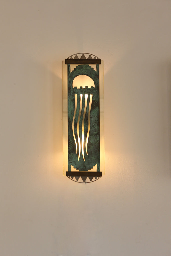 Pair of Verdigris and Glass Sconces