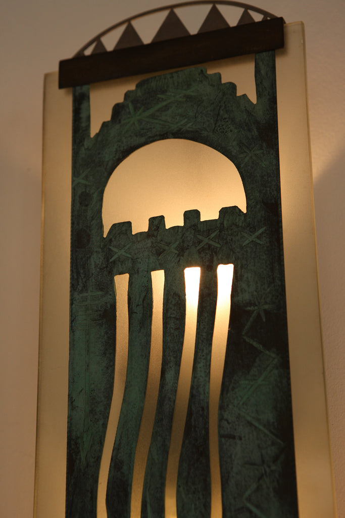 Pair of Verdigris and Glass Sconces