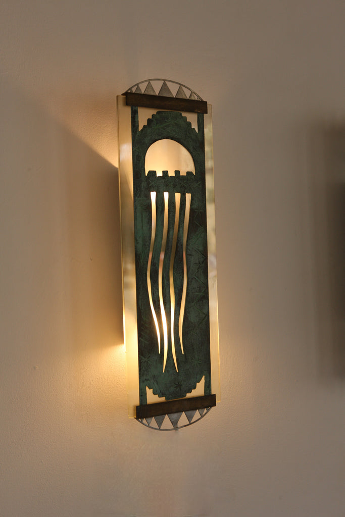 Pair of Verdigris and Glass Sconces