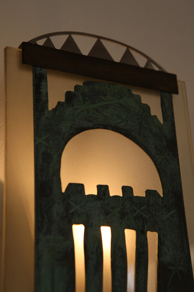 Pair of Verdigris and Glass Sconces