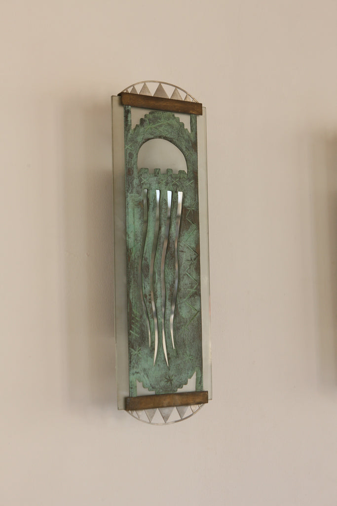 Pair of Verdigris and Glass Sconces