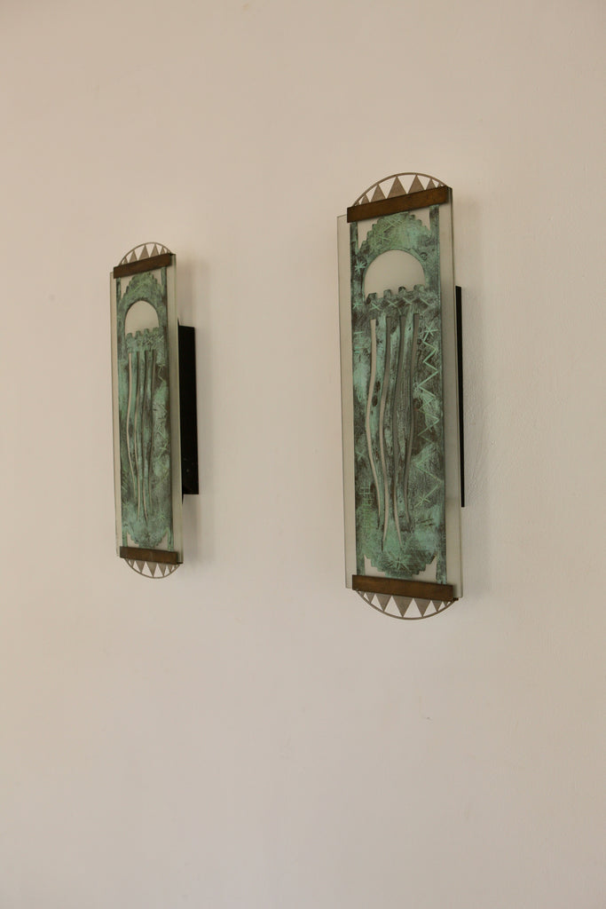 Pair of Verdigris and Glass Sconces