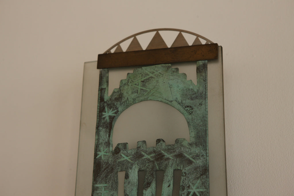 Pair of Verdigris and Glass Sconces