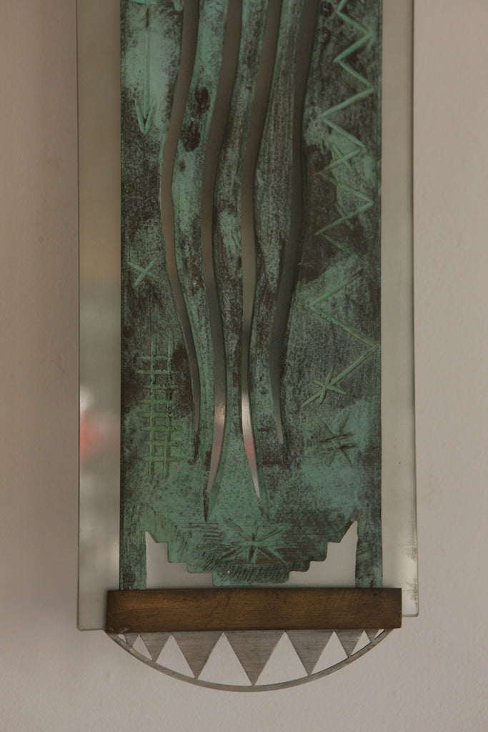 Pair of Verdigris and Glass Sconces