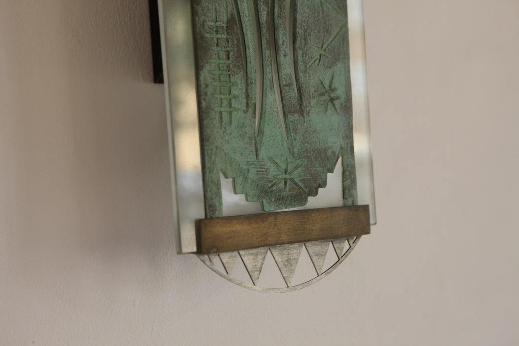 Pair of Verdigris and Glass Sconces