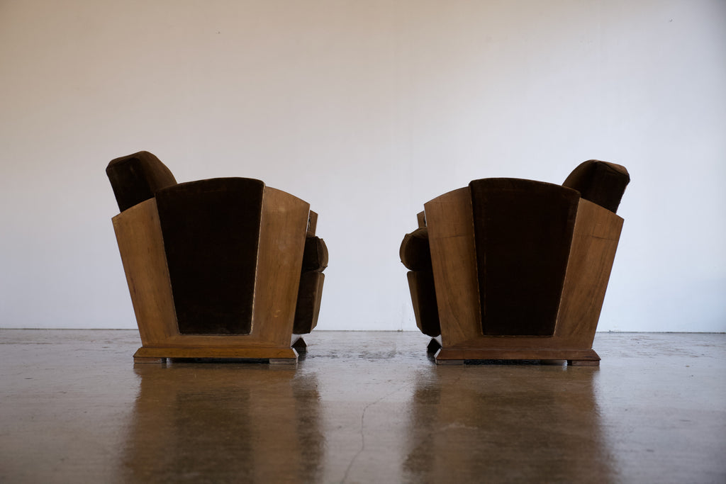 Pair of Velvet 1930's French Cubist Club Chairs