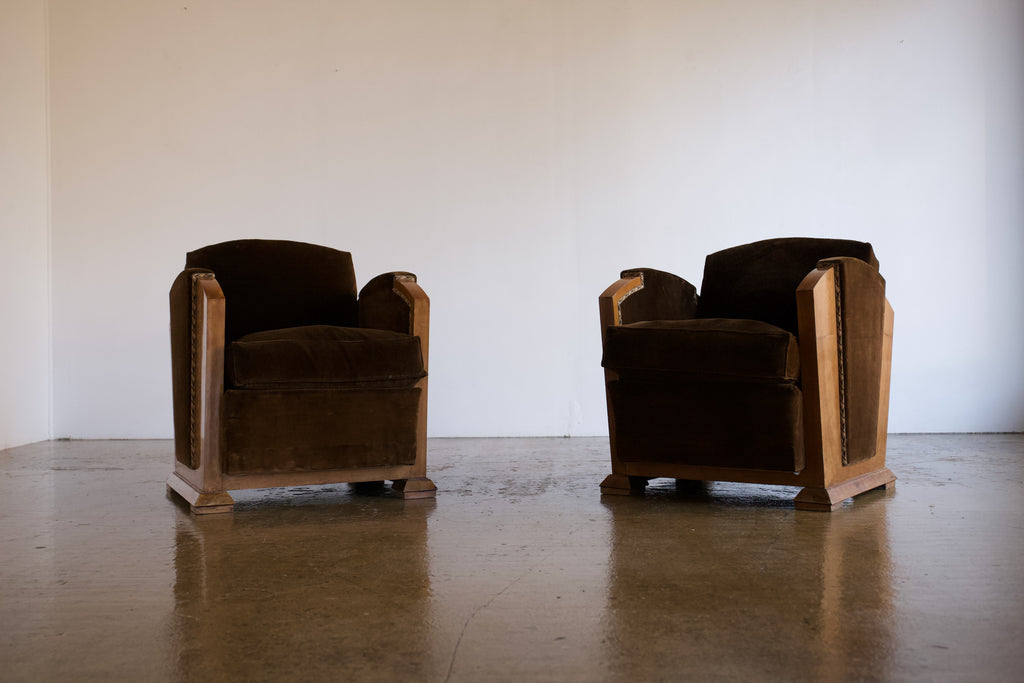 Pair of Velvet 1930's French Cubist Club Chairs