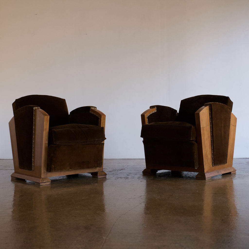 Pair of Velvet 1930's French Cubist Club Chairs