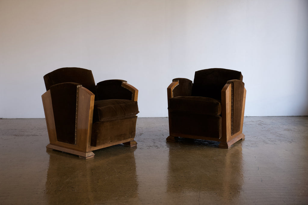 Pair of Velvet 1930's French Cubist Club Chairs