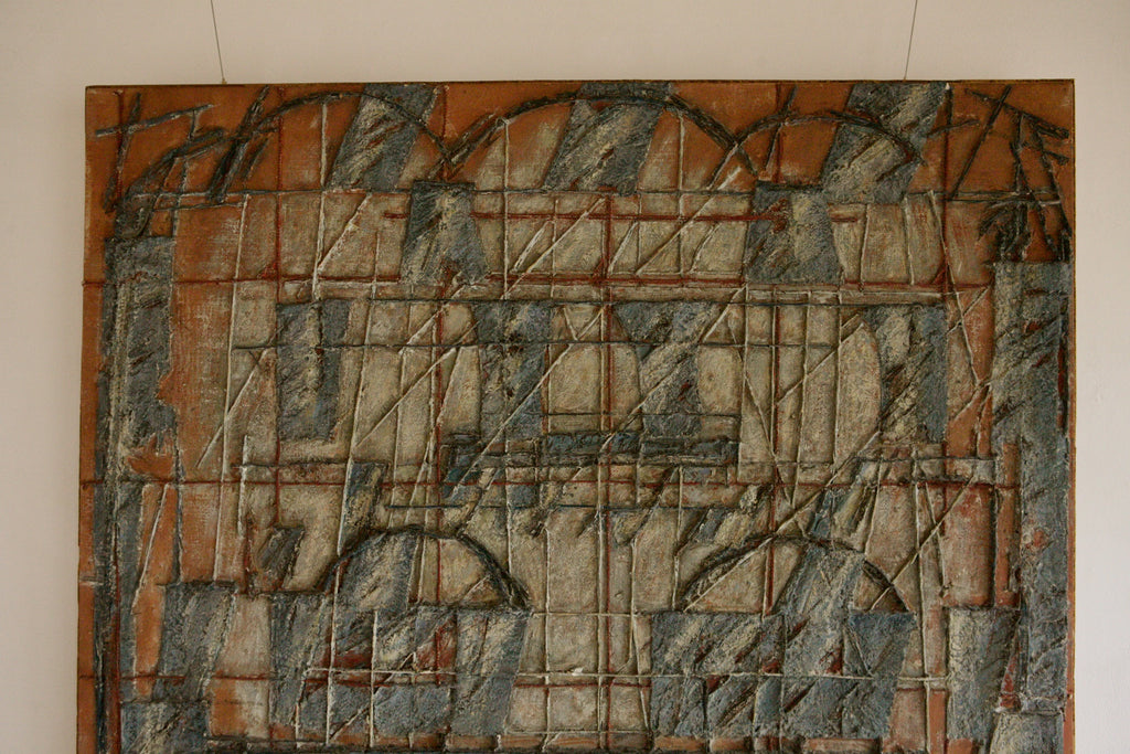 Brutalist mixed media 1981. Oil, String and Paper on Canvas